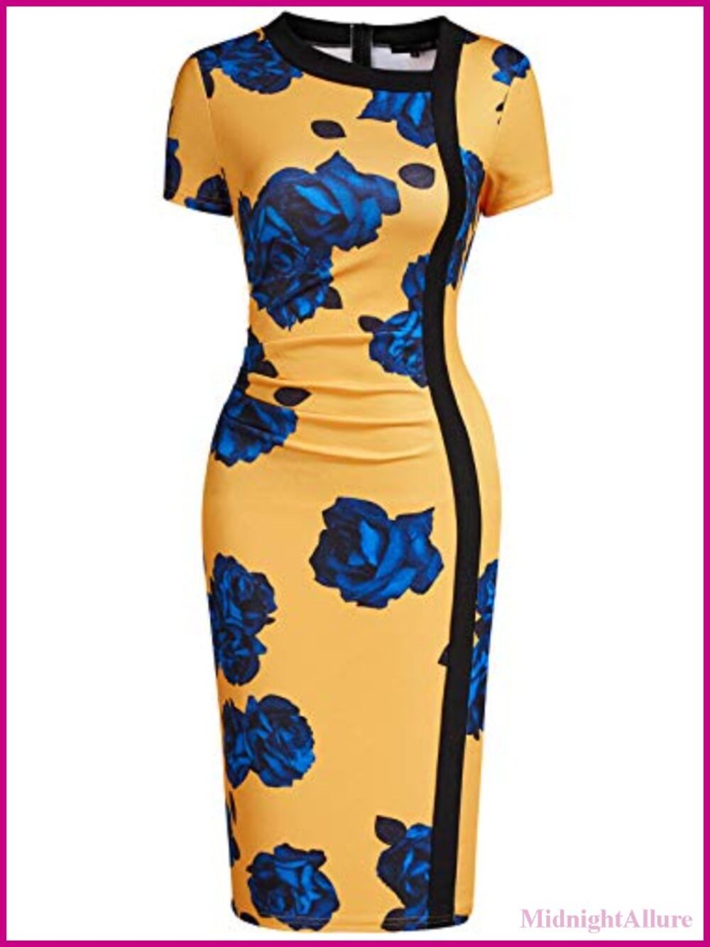 Vintage Ruffle Splicing Short Sleeve Dress High Waist Bodycon Midi